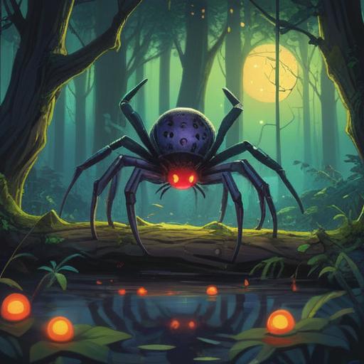 A mystical black spider in a serene forest setting, surrounded by glowing orbs of light, symbolizing spiritual guidance, ethereal color palette, intricate web intertwining with nature, soft rays of sunlight filtering through trees, calm and enchanting atmosphere, detailed textures, 4k