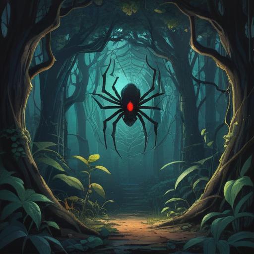 A mystical scene depicting a black spider on a web, symbolizing hidden fears and intuition, surrounded by dark forest foliage and subtle light rays, representing spiritual awakening, emphasizing the significance of transformation and protection, detailed textures, atmospheric depth, 4k
