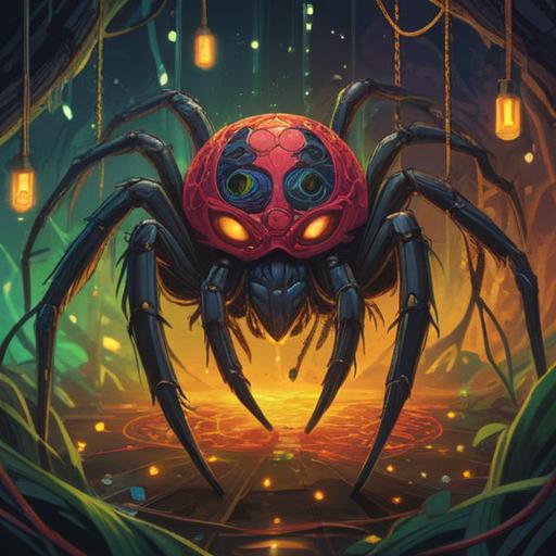 A black spider symbolizing luck, crawling on a shiny lucky charm, intricate details, vibrant colors, mystical atmosphere, surrounded by shimmering stars and golden light, enchanting background elements, 4k
