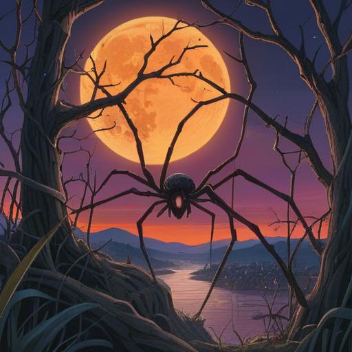 A captivating scene depicting a black spider weaving its intricate web under a full moon, a sense of mystery and fate in the air, the moment of connection between a curious young woman and the spider, glowing threads glistening in the moonlight, an enchanting forest backdrop with lush greenery, ethereal lighting, a feeling of transformation and destiny, 4k