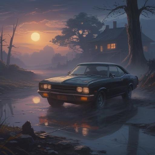 A mystical scene featuring a black car, surrounded by ethereal fog, moonlight illuminating the vehicle, symbolic representations of spirituality, such as swirling energy or glowing orbs, set against a dark forest, deep shadows, an aura of mystery, enchanted atmosphere, 4k