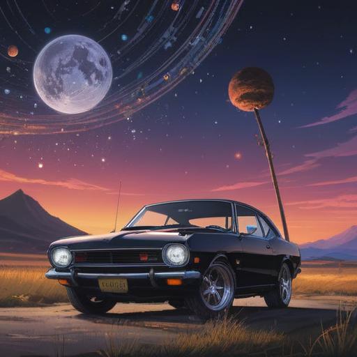 A black car representing a spiritual good omen, sleek and shiny, parked under a starlit sky, surrounded by glowing orbs of light, a serene landscape in the background, symbols of positivity and protection, ethereal glow, peaceful ambiance, 4k