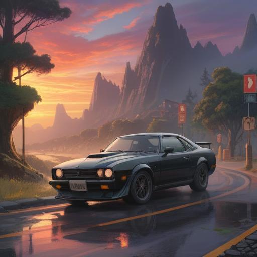 A black car on a winding road, surrounded by an ethereal mist, symbolic road signs of spirituality in the air, soft rays of light breaking through the clouds, an aura of caution and awareness, vibrant colors in the background, mystical creatures observing, a sense of serenity and introspection, 4k