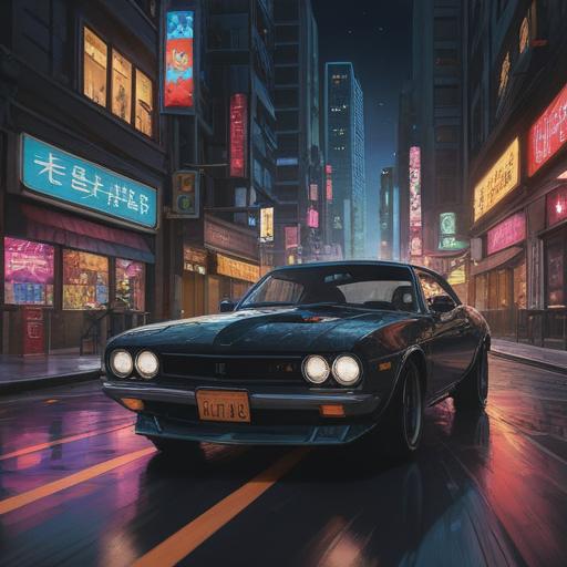 A sleek black car radiating power and confidence, dynamic motion effects, urban environment with glowing city lights, a driver in control, showcasing a blend of technology and artistry, vibrant energy surrounding the vehicle, emphasizing strength and determination, 4k resolution