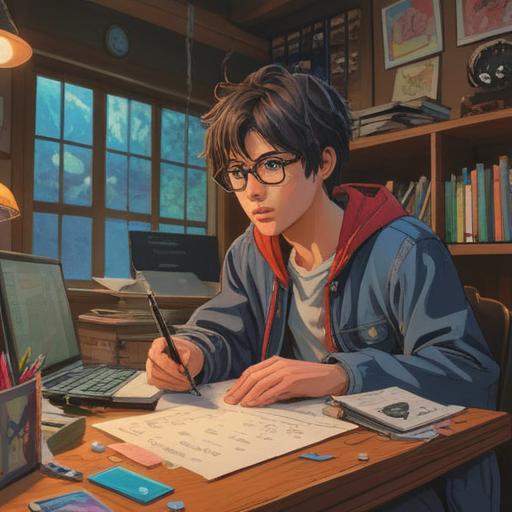 An organized summary on a wooden table, colorful sticky notes scattered around, a person with glasses focused on writing, a laptop open with documents, sunlight streaming through a window, cozy office setting, clear visual hierarchy, vibrant colors, 4k