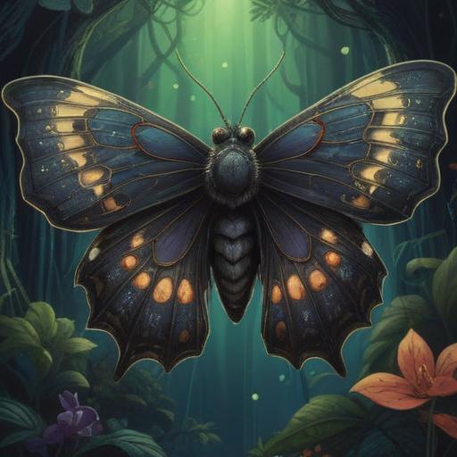 A mystical illustration of a large black moth, intricate details on its wings, ethereal glow surrounding it, symbolic of transformation and intuition, set against a night sky filled with stars, a sense of spiritual connection, enchanting atmosphere, deep shadows and soft light, 4k
