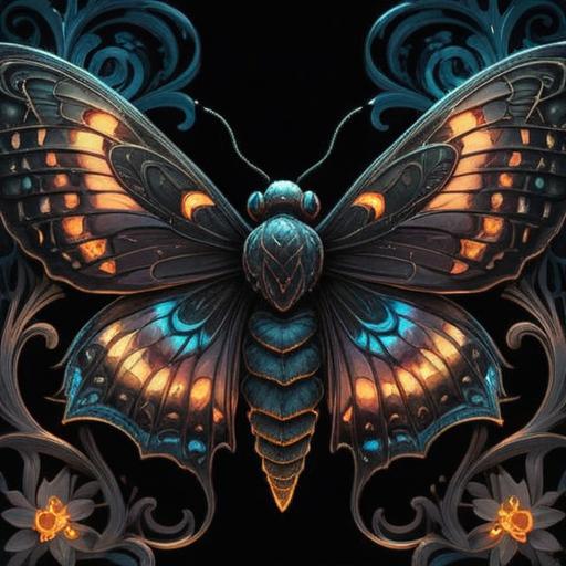 A black moth symbolizing a spiritual good omen, intricate details on the wings, mystical aura surrounding the moth, soft glow highlighting its presence, serene background of a tranquil night sky, twinkling stars, gentle moonlight casting shadows, an atmosphere of calm and hope, 4k