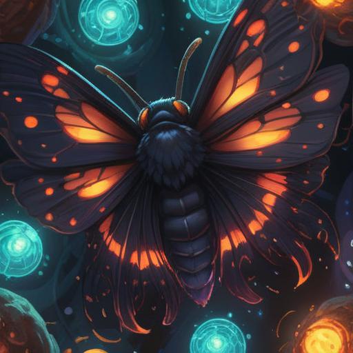 A mystical scene featuring a black moth emerging from the shadows, symbolizing transformation and change, surrounded by glowing orbs of light, an ethereal forest backdrop, soft moonlight filtering through trees, the atmosphere thick with supernatural energy, a sense of awareness and intuition, intricate details on the moth's wings, conveying deeper spiritual meanings, 4k