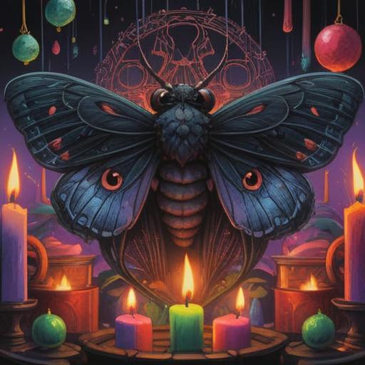 A dark and mysterious scene, showcasing a black moth resting on a vibrant, shimmering lucky charm, surrounded by colorful candles and incense smoke, ethereal glow, enchanting atmosphere, symbolic representation of fortune, intricate details on the moth and the charm, magical realism, high contrast