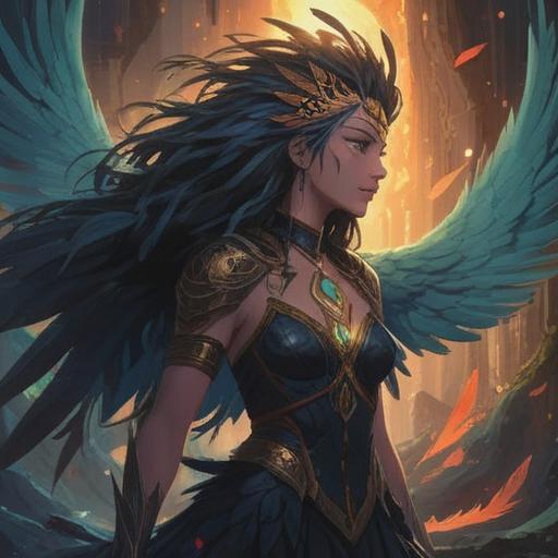 A spiritual depiction of black feathers, symbolizing transformation and rebirth, surrounded by a mystical aura, ethereal lighting, nature elements like ancient trees and fog, a serene atmosphere, intricate details on the feathers, contrasting dark and light tones, 4k