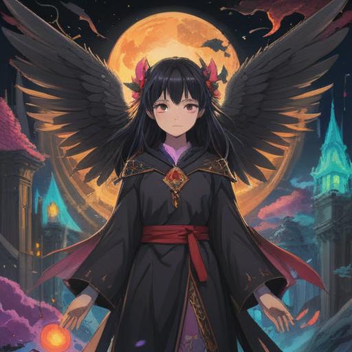 A mystical scene featuring a figure with black wings, surrounded by ethereal light, symbolic representations of spiritual guidance, serene facial expression, lush forest background, glowing orbs signifying good signs, harmonious atmosphere, rich colors, 4k