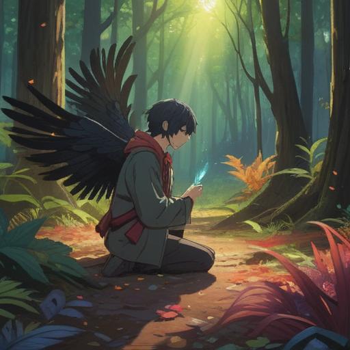 A mysterious scene featuring a person observing black feathers on the ground, surrounded by a serene forest, soft rays of sunlight filtering through the trees, a sense of caution and awareness in the air, symbolic representation of spiritual signs, rich details in nature, tranquil yet intriguing atmosphere, 4k