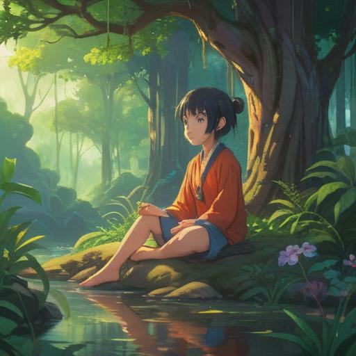 A serene and meditative scene, a person practicing mindfulness in a tranquil nature setting, surrounded by lush greenery, gentle sunlight filtering through the trees, calming water stream nearby, peaceful facial expression, elements of spirituality like crystals and incense, inviting atmosphere, sense of balance and harmony, 4k