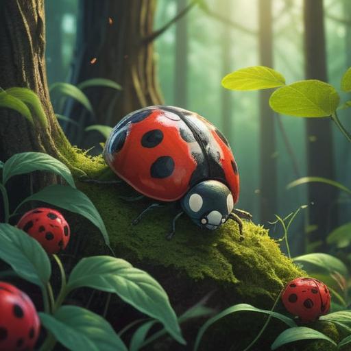 A serene and mystical scene featuring a black ladybug, surrounded by ethereal light, symbolizing protection and transformation, soft-focused forest background, delicate details, vibrant greenery, gentle sunlight filtering through leaves, spiritual essence, harmonious atmosphere, 4k