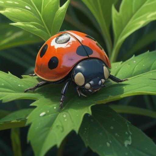 A black ladybug resting on a vibrant green leaf, surrounded by a mystical aura, gentle sunlight filtering through branches, symbolizing good luck and positive energy, intricate details on the ladybug's shell, calming natural setting, soft bokeh in the background, spiritual significance, 4k