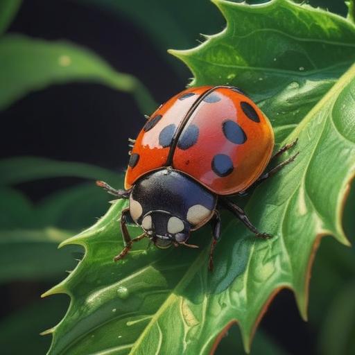 A black ladybug appearing on a vibrant green leaf, symbolizing a spiritual sign, intricate details on the ladybug's shell, sunlight filtering through nearby trees, serene natural background, gentle breeze, sense of tranquility, bright colors, representation of transformation and luck, 4k