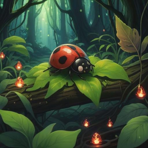 A mystical forest scene, vibrant green foliage, a black ladybug perched on a leaf, sparkling fairy lights illuminating the background, a glowing number seven floating above, symbolizing luck, whimsical and enchanting atmosphere, 4k