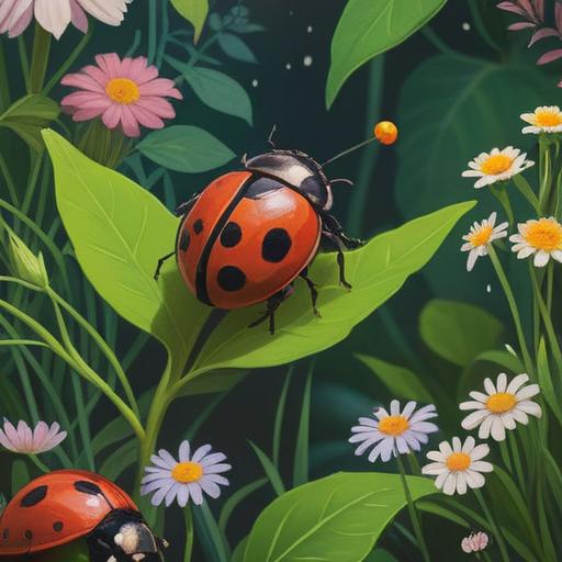 A serene scene featuring a black ladybug perched on a vibrant green leaf, surrounded by delicate wildflowers, conveying a heartfelt message, soft sunlight filtering through the trees, gentle breeze rustling the leaves, a sense of tranquility and introspection, emotive symbolism, 4k