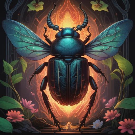A black beetle symbolizing spiritual significance, ancient wisdom, representing transformation and renewal, surrounded by mystical symbols, soft glowing light, nature background with rich greenery, serene atmosphere, detailed textures, 4k