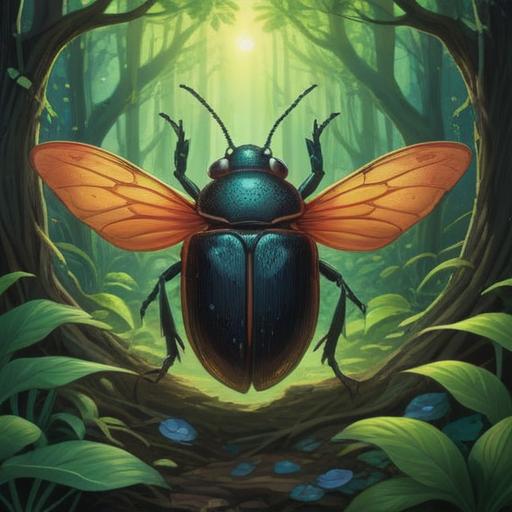 A black beetle symbolizing spiritual blessings, serene nature setting, sunlight filtering through trees, ethereal aura surrounding the beetle, vibrant green foliage, tranquil atmosphere, detailed textures, focus on the beetle's intricate features, soft bokeh in the background, mystical vibe, 4k