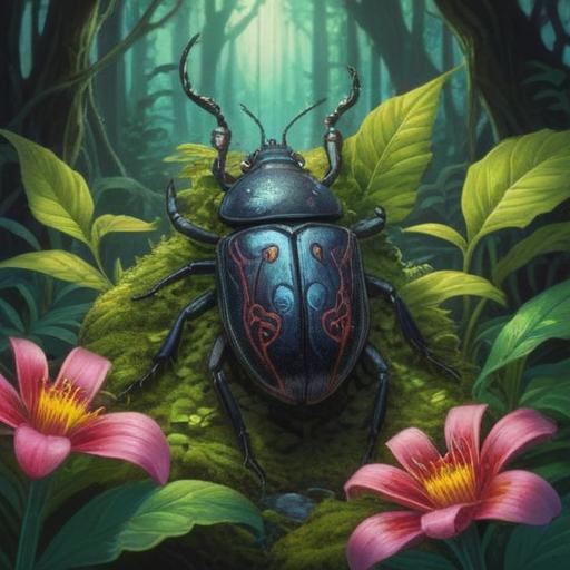A black beetle spotted in nature, surrounded by lush greenery, representing spiritual awakening, symbolizing transformation and inner strength, a mysterious aura, subtle light filtering through trees, depicting awareness and intuition, harmonious balance with nature, 4k