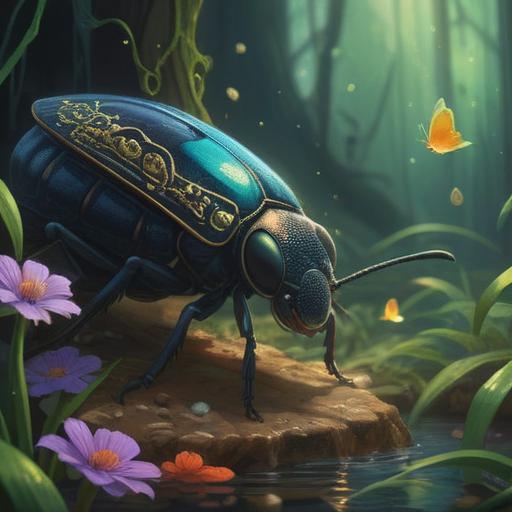 A mystical scene featuring a black jewel beetle, surrounded by shimmering lucky charms, soft focus on a bright, magical background, the beetle's glossy shell reflecting light, symbols of good fortune like coins and four-leaf clovers scattered around, enchanting atmosphere, vibrant colors, intricate details, 4k