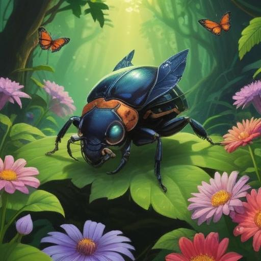A black beetle symbolizing good luck, sitting on a vibrant green leaf, surrounded by blooming flowers, sunlight filtering through the trees, conveying a sense of hope and positivity, intricate details on the beetle's shell, serene nature backdrop, bright colors, 4k