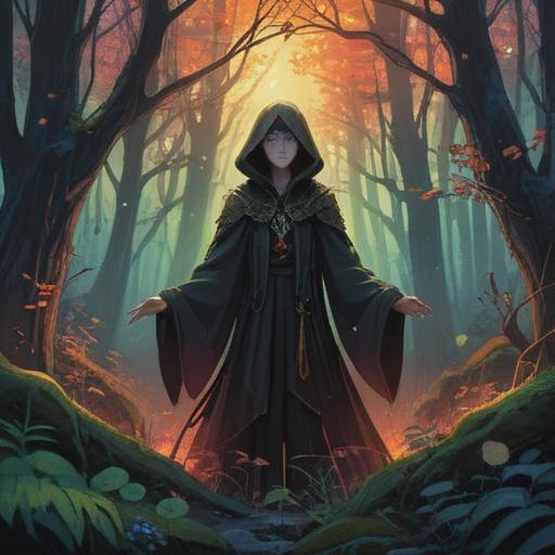 A mysterious figure dressed in black clothing, standing in a serene forest, symbolic representation of spirituality, ethereal glow surrounding the figure, deep connection to nature, enigmatic expressions, contrasting light and shadows, exploring themes of inner reflection and enlightenment, 4k