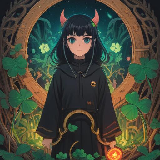 A mystical scene featuring a person wearing black clothing, surrounded by various lucky items like a four-leaf clover, a horseshoe, and a lucky cat, enchanted forest background, shimmering light effects, harmonious ambiance, detailed textures, captivating composition, 4k