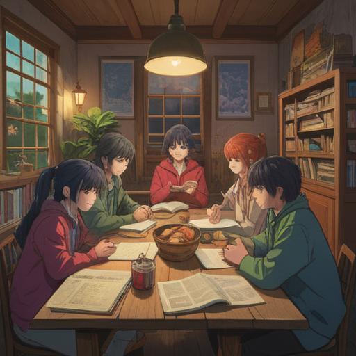 A serene scene depicting a group of diverse people collaborating around a large table filled with documents and digital devices, vibrant colors, expressions of enthusiasm and focus, a window overlooking a sunny cityscape, modern office setting, harmonious teamwork, 4k