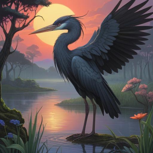 A mystical black heron in a serene landscape, representing spiritual transformation, surrounded by ethereal light, symbolic of wisdom and intuition, with flowing water reflecting the moonlight, lush greenery in the background, calm atmosphere, intricate details, vibrant colors, 4k