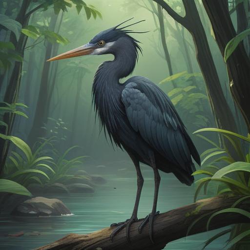 A mystical black heron standing gracefully by a tranquil river, surrounded by lush greenery, ethereal light illuminating its feathers, symbolic elements representing spirituality and good omens, serene atmosphere, harmonious nature, introspective mood, 4k