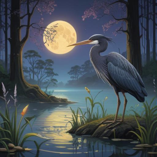 A mystical scene depicting a black heron, shimmering in the moonlight, surrounded by glowing lucky charms, serene water reflections, ethereal atmosphere, detailed illustration, hints of nature’s beauty, tranquility and fortune, 4k