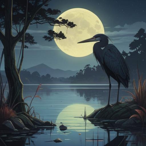 A mysterious scene featuring a black heron perched on a tranquil lakeshore, moonlit night, conveying an enigmatic message, deep shadows and soft highlights, gentle ripples in the water, ethereal atmosphere, foliage framing the scene, a sense of intrigue and wonder, 4k
