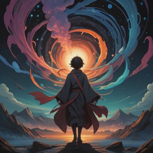 A mystical illustration of a figure surrounded by a swirling black aura, representing spiritual energy and deeper wisdom, darkened sky filled with twinkling stars, ethereal light floating around, contrasting shadows, serene yet powerful atmosphere, symbolic elements like crystals and moon phases, 4k