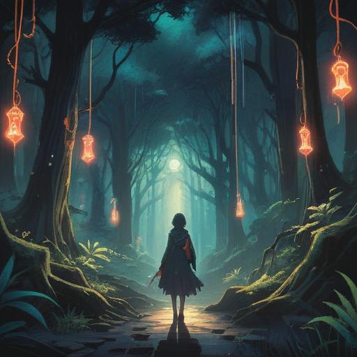 A mystical scene depicting a figure surrounded by a black aura, ethereal and calming presence, spiritual symbols glowing softly, a serene forest background, gentle light filtering through the trees, conveying a sense of protection and guidance, peaceful expression on the figure’s face, harmony with nature, 4k