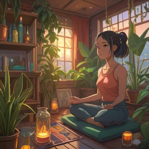 A serene wellness scene, a person meditating in a sunlit room, surrounded by plants, crystals, and colorful candles, gentle energy flowing around, vibrant aura, calm and peaceful atmosphere, harmonious energy, soft light illuminating the space, 4k