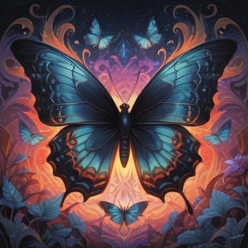 A black butterfly representing spiritual transformation, mystical aura, gentle light surrounding the creature, delicate wings with intricate patterns, symbolizing change and rebirth, serene background with soft foliage, captivating elegance, ethereal presence, 4k