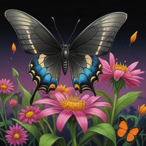 A black swallowtail butterfly gracefully perched on a vibrant flower, exuding an aura of tranquility and spirituality, surrounded by shimmering light particles, symbolizing positive energy and good omens, lush green foliage in the background, serene atmosphere, detailed wings with intricate patterns, 4k