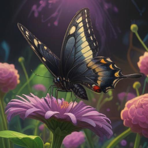 A striking image of a black swallowtail butterfly gracefully perched on a vibrant flower, surrounded by mystical energy, ethereal glow, symbols of transformation and spiritual awakening in the background, intricate details showcasing the butterfly's delicate wings, a sense of caution and alertness, serene and spiritual atmosphere, 4k