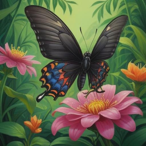 A black swallowtail butterfly perched gracefully on a vibrant flower, surrounded by lush green foliage, symbolizing transformation and good fortune, with shimmering lucky charms nearby, glimmering under the sunlight, intricate details, harmonious color palette, mystical atmosphere, 4k
