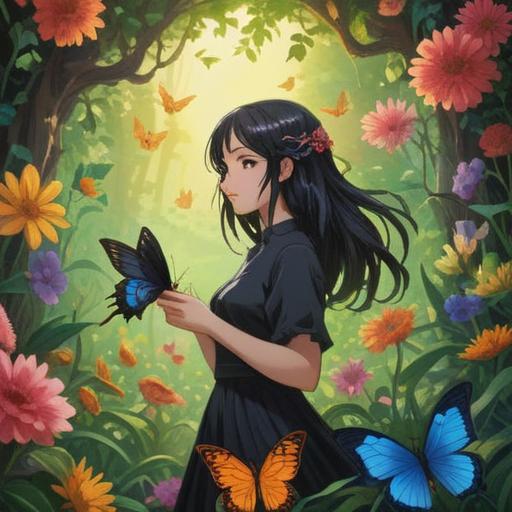 A heartwarming scene depicting a person gently holding a black swallowtail butterfly, surrounded by vibrant flowers, sunlight filtering through the leaves, serene atmosphere, a sense of connection with nature, capturing the beauty of fleeting moments, emotional expression, 4k