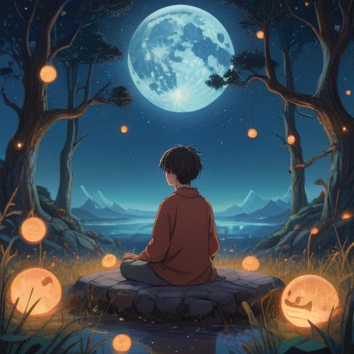 A serene and tranquil scene, depicting a person meditating peacefully under a starry night sky, soft glowing orbs of light surrounding them, representing spiritual awakening, gentle waves of energy flowing around, nature elements like trees and a calm lake in the background, ethereal atmosphere, deep connection with the universe, enlightenment and clarity, 4k