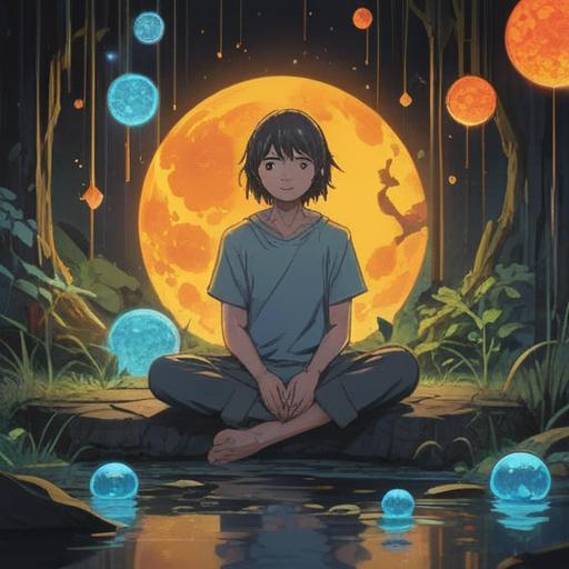 A serene scene depicting a person sitting cross-legged in a tranquil environment, surrounded by faint glowing orbs, hints of ethereal light, drowsy expression, symbolic elements like a dream catcher and soft clouds, intense focus on the eyes conveying awareness, subtle hints of chaos in the background, representing distractions, calming colors, harmonious balance between sleepiness and alertness, spiritually enlightening atmosphere.