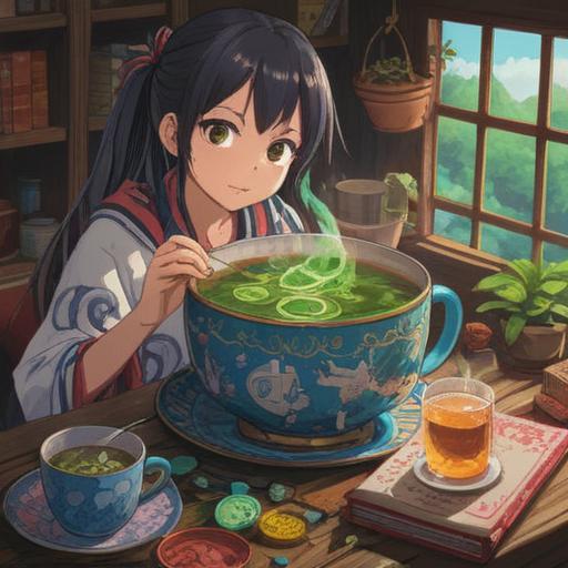 A vibrant illustration depicting a collection of lucky items to overcome extreme drowsiness, sparkling charms, an invigorating cup of herbal tea, bright colors, fantastical elements, a cheerful atmosphere, nature-inspired motifs, whimsical designs, 4k